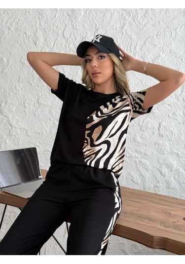 Ahes Shopping Kadın Bisiklet Yaka Kısa Kol Leopar Desen Bluz Ve Pantolon Ikili Takım Siyah