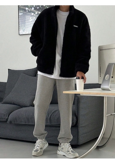 Oversize Tam Fermuarlı Kuzu Sweatshirt İçi Polarlı Sherpa Kumaş Sweatshirt Siyah