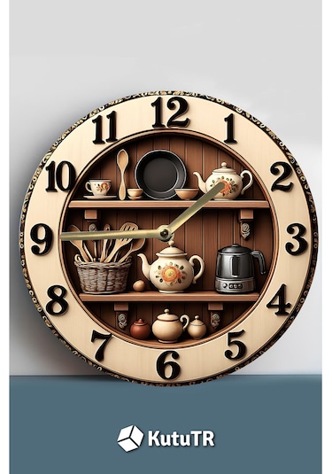Zaman Mutfakta Pişer Raf Temalı Sessiz Yuvarlak Ahşap Duvar Saati, Kuvars Coffe Desen 2d Sdw208 Renkli