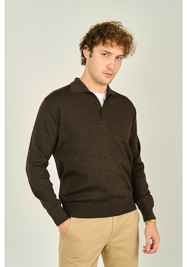 Ateş Triko Erkek Polo Yaka Düğmeli Yün Kazak 6091023 Koyu Kahve Koyu Kahve Koyu Kahverengi
