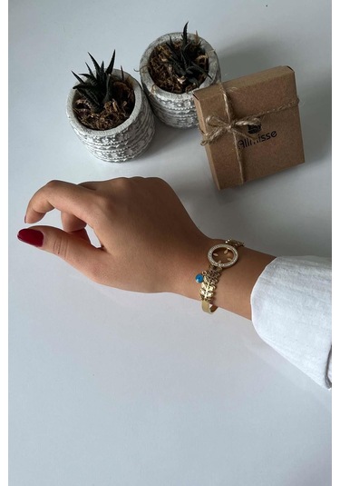 Allmisse Altın Kaplama Çeyrek Altın Takılan Yaprak Desenli Çelik Kelepçe Bileklik - Altın