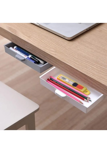 Kangvka Masa Altı Plastiğinden Gizli Çekmeceli Organizer - Stokastik, Kosmetik Ve Telefon Saklama Kutusu - Siyah, Gri, Beyaz Renk Seçenekleri Beyaz