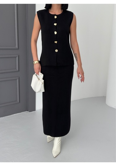 Kadın Düğme Detaylı Yelek Uzun Etek Alt Üst Triko Takım Siyah