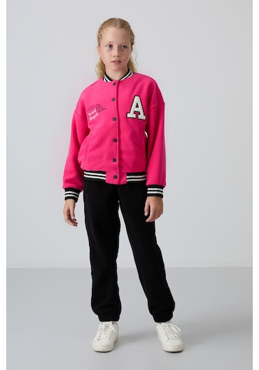 Tommy Life Fuşya Kalın Yumuşak Dokulu Standart Fit Nakışlı Polar Kız Çocuk Kolej Ceket - 75156 Fuşya