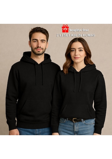 Nevermind Sevgili Çift Kombin Hoodie 2 Li Set Unisex Oversize Kapüşonlu Hoo Siyah