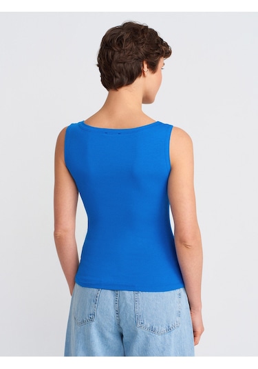Dilvin 20868 Kayık Yaka Kolsuz Top-saks Saks