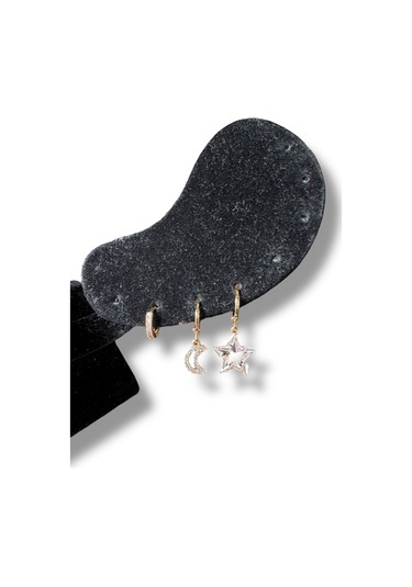 Ay Yıldız Üçlü Sallantılı Çelik Küpe Sarı