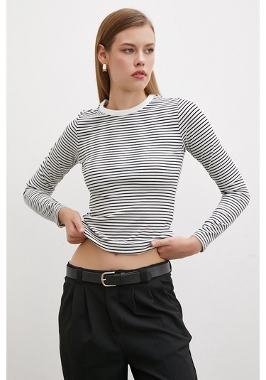 Bisiklet Yaka Çizgili Bluz Beyaz Beyaz
