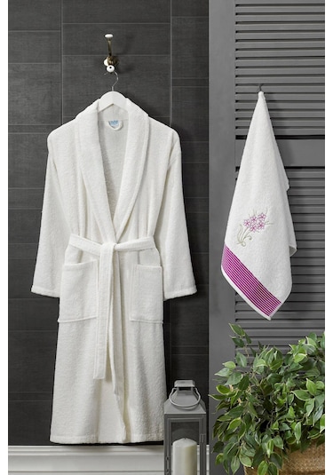 Şalyaka Kadın Erkek Pamuklu Havlulu Banyo Bornoz Takımı Beyaz