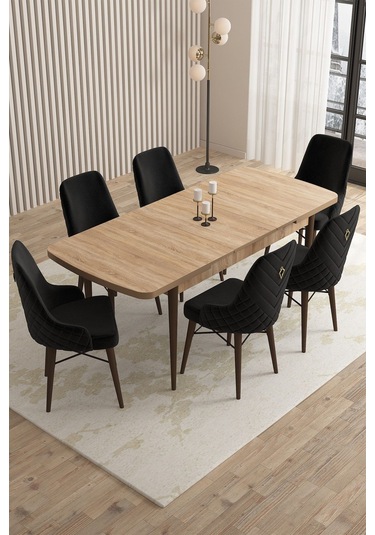 Mazaka Meşe Desen 80x132 Açılabilir Mdf Masa Yemek Odası Takımı, Mutfak Takımı 6 Adet Sandalye Siyah Mazaka Meşe Desen 80x132 Açılabilir Mdf Masa Yemek Odası Takımı, Mutfak Takımı 6 Adet Sandalye Siyah