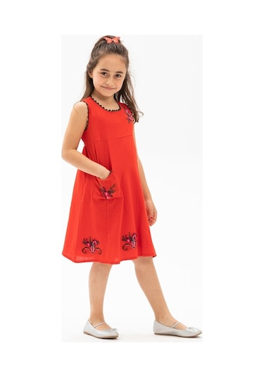 Burçak Şile Bezi Kız Çocuk Elbise Kırmızı Krmz