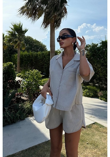 Kadın Taş Kruvaze Cotton Kısa Kol Dokuma İkili Takım Taş