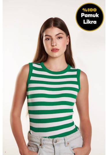 Kadın Yeşil Beyaz Çizgili Fitilli Likralı Sıfır Kol Bisiklet Yaka Örme Atlet Tshirt Bluz Yeşil - Beyaz