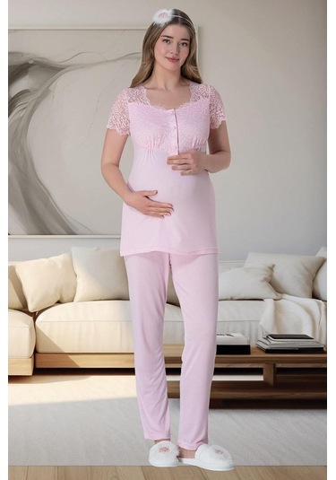 Mecit Pijama Mecit 6063 Kadın Hamile Lohusa Pembe Sabahlık Gecelik Pijama Set 001