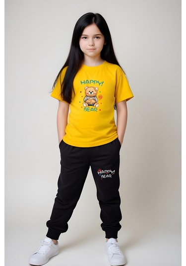 Fyk Kids Kız Çocuk Baskılı Happy Bear Bel Detayı Lastikli Alt-üst Pijama Takımı Sarı