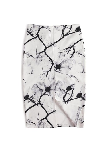 Beyaz&gri Yaz Baskı Zarif Kalem Etek Kadın Yüksek Bel Diz Boyu Etek Kadın Beyaz - Gri