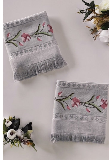 Gül Nakışlı Jakarlı Kadife El Yüz Havlusu - 50x90 Cm-gri Grı Gri