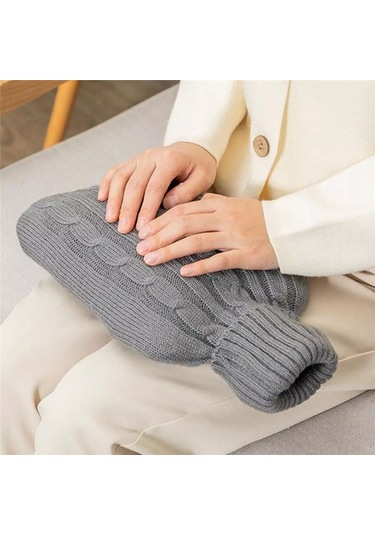 Sıcak Su Şişesi Düz Renk Örgü Kapağı Sıcak Su Şişesi Olmadan Su Dolu Sıcak Su Yumuşak Örgü Şişesi Kadife Çanta Koyu Gri