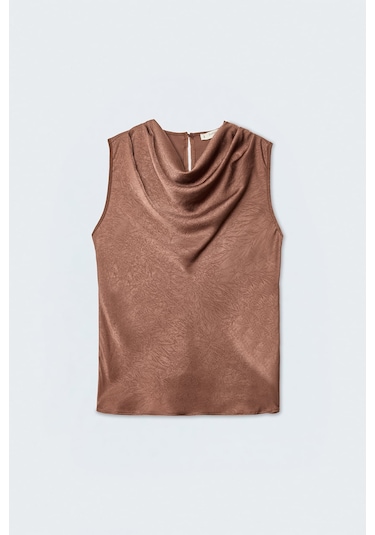 Sateen Degaje Yaka Saten Bluz - Açık Kahve-137427 Açık Kahverengi