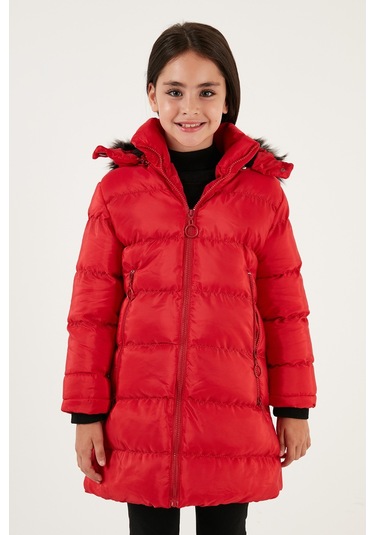 Lela Peluş Astarlı Yakası Suni Kürklü Çıkarılabilir Kapüşonlu Kışlık Kız Çocuk Mont 5766038 Kırmızı