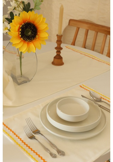 Yakacihome Ziggy 5 Parça 4 Parça Amerikan Servis & 1 Parça Runner Duck Keten Yıkanabilir Leke Tutmaz Set Krem