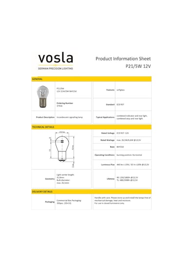 Vosla 12v 1016 Ampul 21/5w Bay15d P21/5w Vs37916 10 Lu