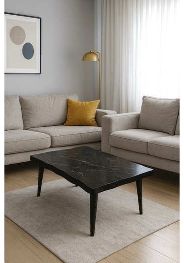 Modern Kavisli Orta Sehpa Mdf Üst Tabla Ahşap Ayaklı Desenli Siyah Siyah