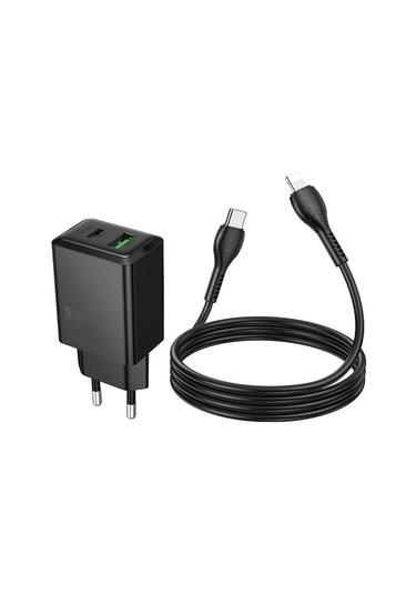 Hoco N71 Pd30w + Qc3.0 Çift Portlu Şarj Cihazı 1m Tip-c İle 8 Pin Veri Kablosu, Özellikler: Ab Fişi Siyah Siyah