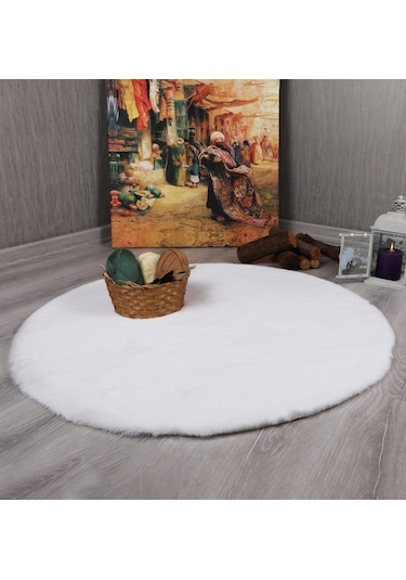 Dekoratif Tavşan Tüyü Ultra Yumuşak Peluş Yuvarlak Halı Beyaz