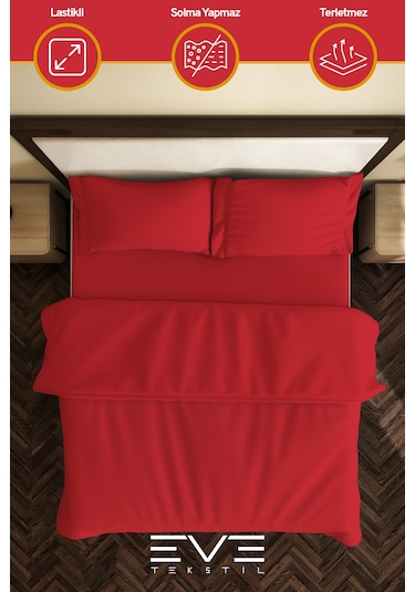 Eve Tekstil %100 Pamuk Ranforce Çarşaflı Yastık Ve Yorgan Kılıflı Çift Kişilik Nevresim Takımı 200x220 Cm Kırmızı
