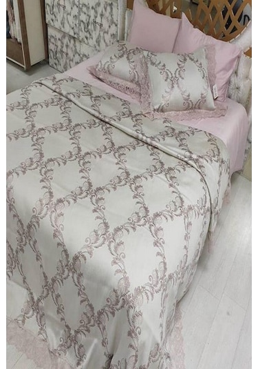 Finezza Selen Poly. Pamuk Jakarlı Pudra Yatak Örtüsü Seti Çift Kş Pudra