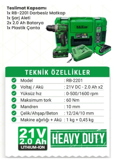 Hais Pro RB-2201 21V DC 2AH X2 Darbesiz Matkap
