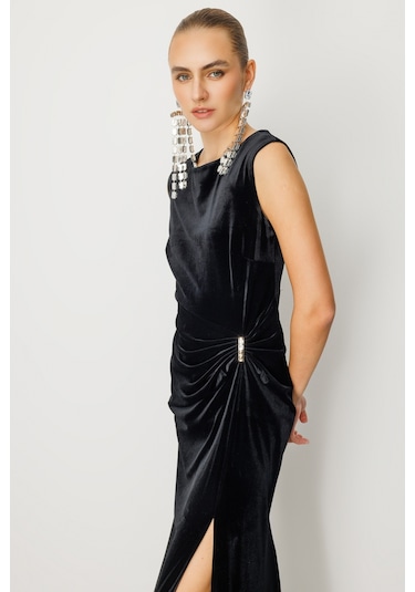 Ekol Kadın Beli Büzgülü Maxi Kadife Elbise 4141 Siyah Siyah