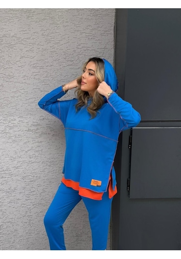 Modaserdem Kadın Indigo Kapşonlu Etek Ucu Detay Arma Ters Dikiş Gorunumlu Ikili Takım Mavi