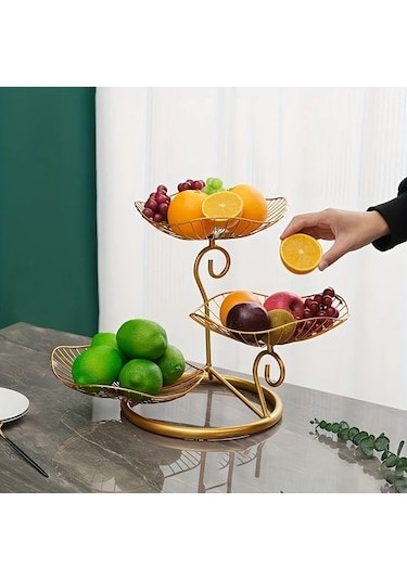 Maxaccess 3 Katlı Zarif Demir Meyve Sepeti Altlığı, Çok Katlı Dekoratif Sunum Tepsisi Altın Altın