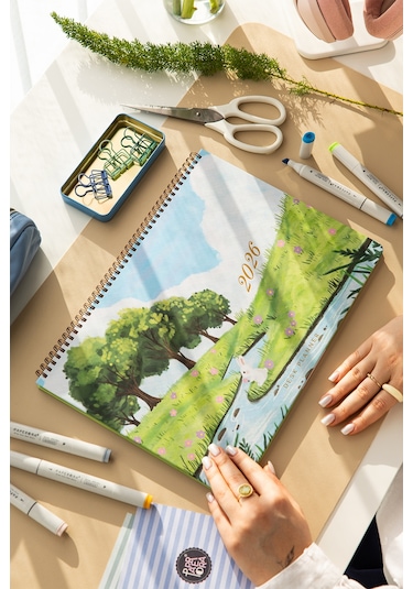 2026 Haftalık Spiralli Masaüstü Planlayıcı 24x34 Cm - Desk Planner Manzara Çok Renkli