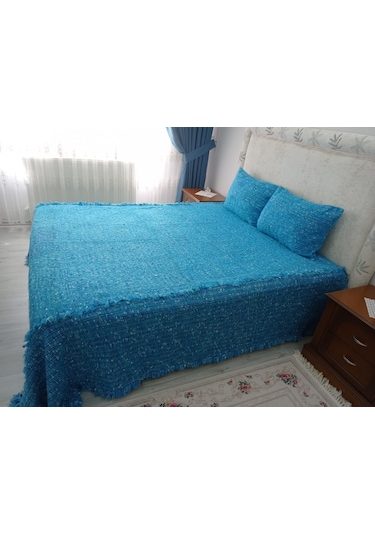 Tavşan Tüyü El Dokuma Çift Kişilik Yatak Örtüsü 280x260 -mavi Mavi