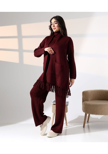 Bohem Şıklık Püskül Detaylı Üçlü Triko Takım Bordo