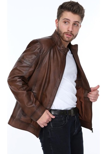 Hakiki Kuzu Derisi Kahverengi Dik Yaka Bern Erkek Deri Ceket Kahverengi