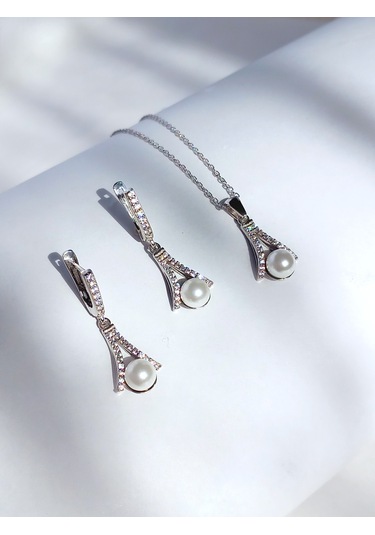 Gümüş İnci Işıltılı Zirkon Taşlı V Tasarım Kolye Küpe Kadın Set