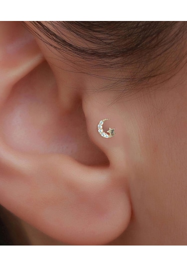 14 Ayar Altın Taşlı Ay Yıldız Tragus Piercing Sarı Altın