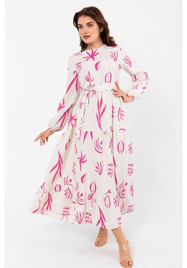 Desenli Yazlık Baharlık Keten Elbise 2103 Pembe