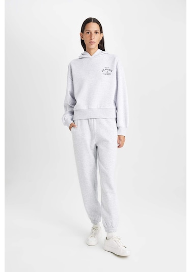 Defacto Regular Fit Kapüşonlu Baskılı Kalın Sweatshirt D6720AX24WNGR93 Gri