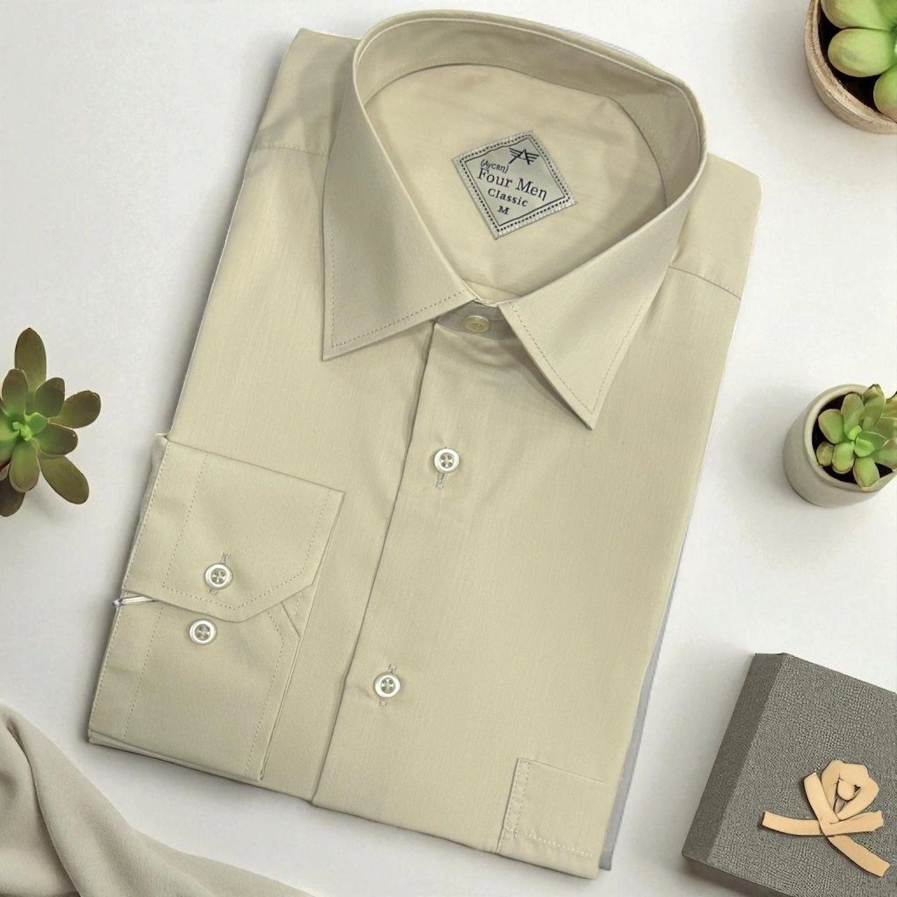 Klasik %100 Cotton Uzun Kollu Terletmeyen Kışlık Flanel Kumaş Krem Gömlek Regular Kalıp -10447 Krem