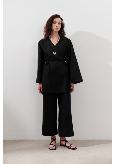 Keten Kruvaze Kapama Kimono Siyah Siyah