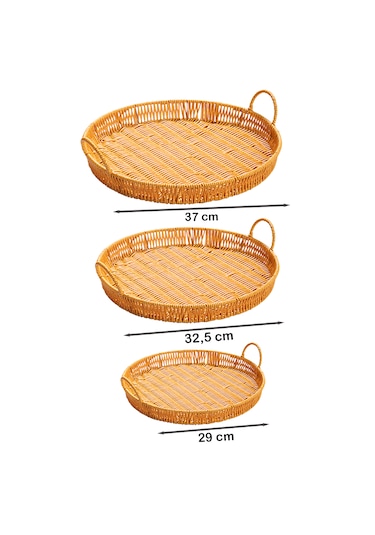 Porsima 710-b Yuvarlak 3'lü Hasır Tepsi Dekoratif Sunum Tepsisi