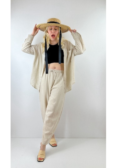 Modaonna Keten Jogger Keten Pantolon Bej