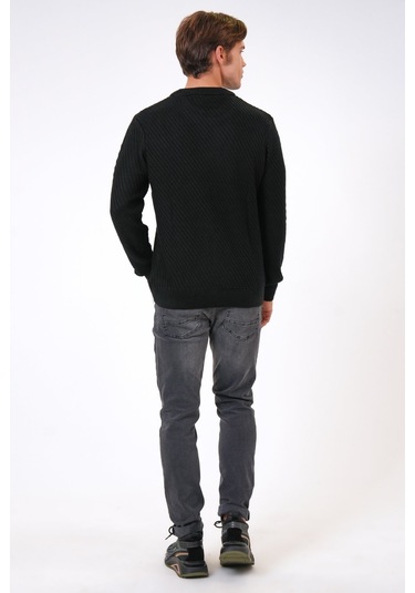 Siyah Regular Fit Yünlü Örgü Desenli Bisiklet Yaka Triko Kazak-siyah Siyah