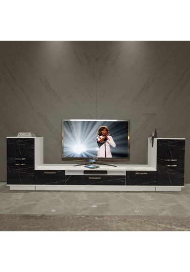 Decoraktiv Trendstyle On2 Slm Tv Ünitesi Tv Sehpası Beyaz - Siyah Mermer