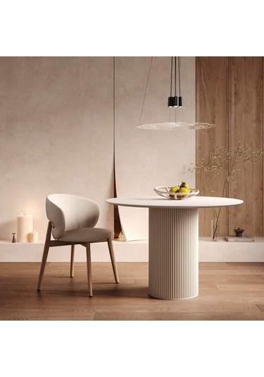 Vintage Yuvarlak Ahşap Bohem Masa 130x130 Krem